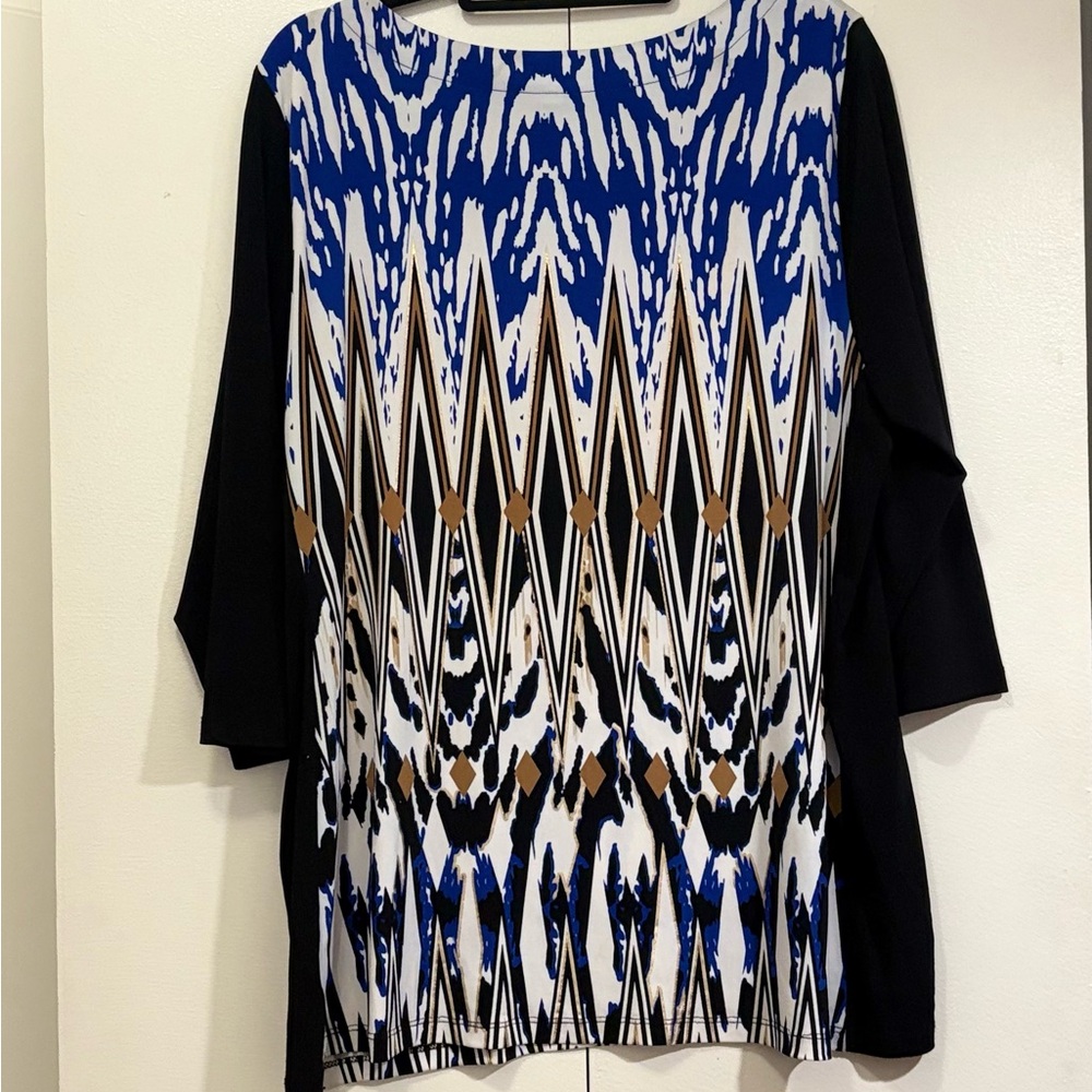 JM Collection Black and Blue Graphic 3/4 Sleeve Blouse - Picture 4 of 4